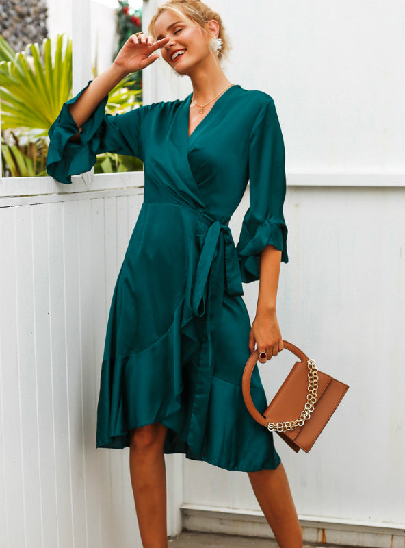 Satin Solid Dress with Ruffle Flare Sleeves and Sash Wrap for Women