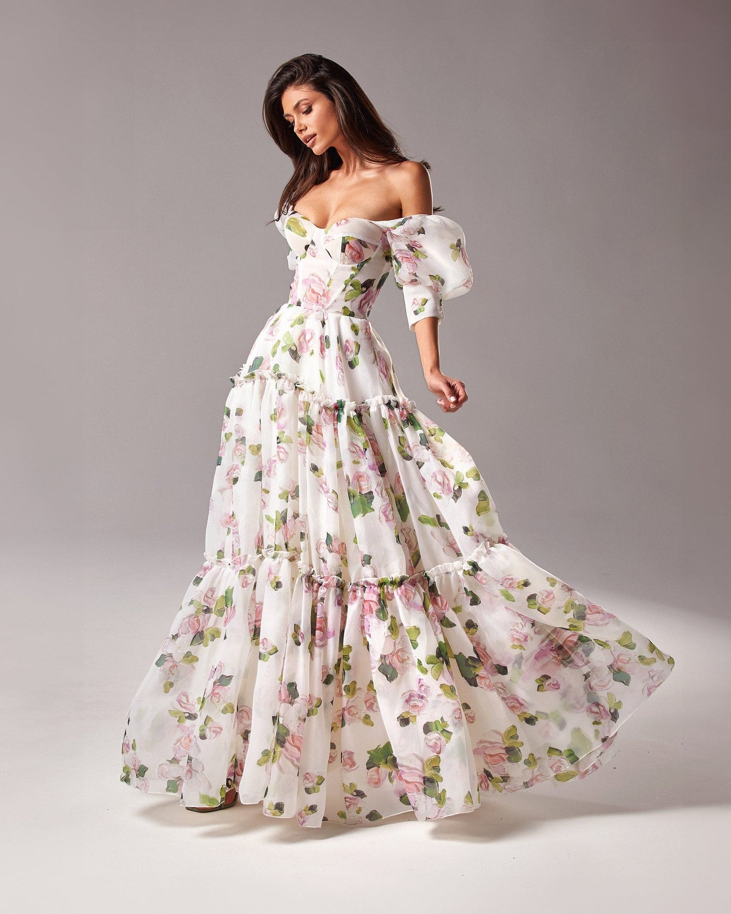 Apple Blossom Feminine Charming Voluminous Sheer Sleeves Dress