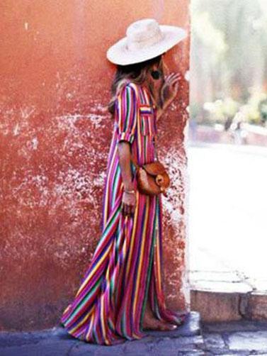 Striped Full-Length Bohemia Dress