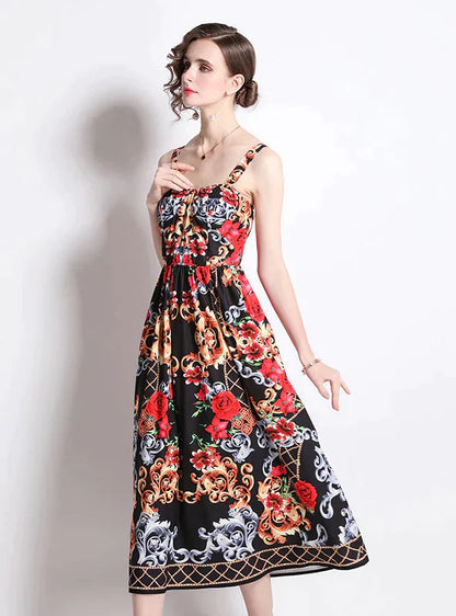 Vintage Rose Print Long Dress with Suspender