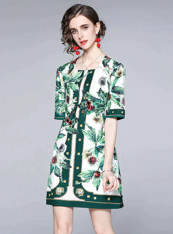 Retro Square Collar Loose Dress with Printed Design