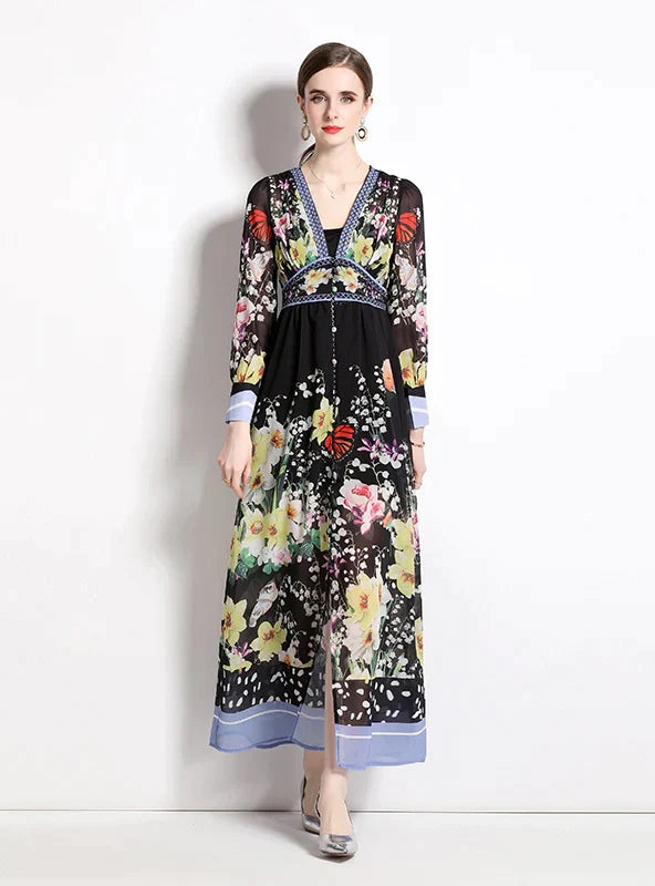 V-Neck Chiffon Printed Long Dress for Summer