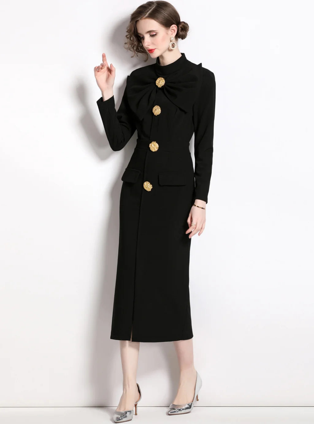 BLACK BOW SLIM LONG SLEEVE DRESS