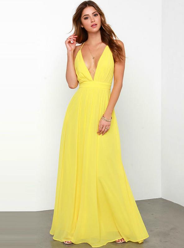 YELLOW MAXI DRESS WITH WAIST STRAP FOR BEACH WEAR