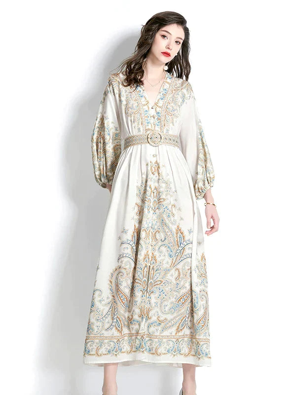 Vintage Palace V-Neck Lantern Sleeve Print Dress