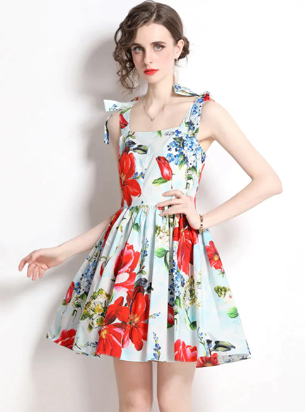 Retro Floral Print Bow Dress