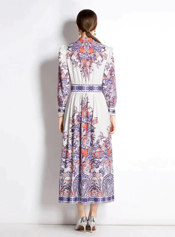 Retro Palace Long Sleeve Slim Dress with Print