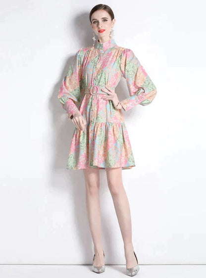 Retro Dress with Stitching Print and Long Sleeves