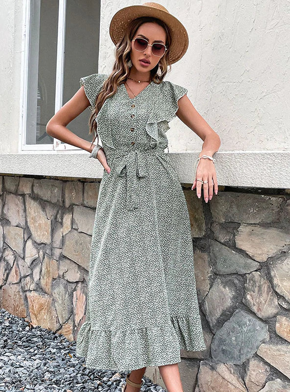 Summer Lace-Up Dress with Ruffled Print