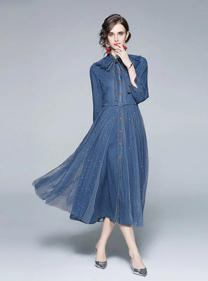 RETRO LONG SLEEVE MESH SEQUINED DENIM DRESS