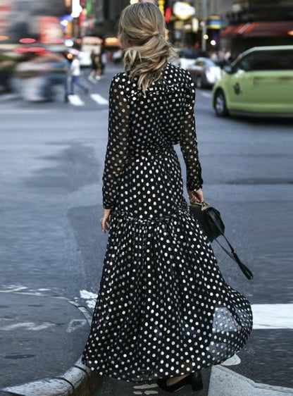 with Full-Length Bohemian Wrap Polka Gown Dot V-Neck