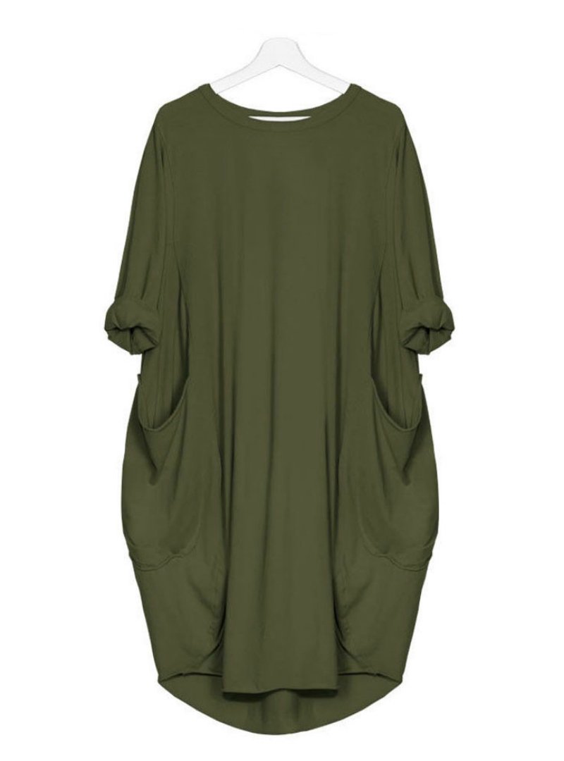 Womens Pocket Loose Dress Crew Neck