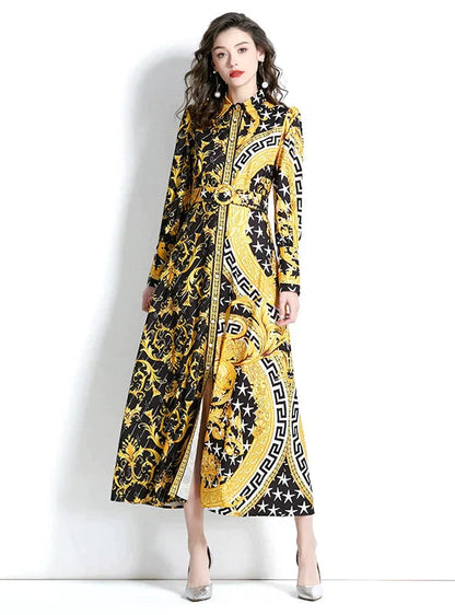 Vintage Lapel Lantern Sleeve Long Printed Dress