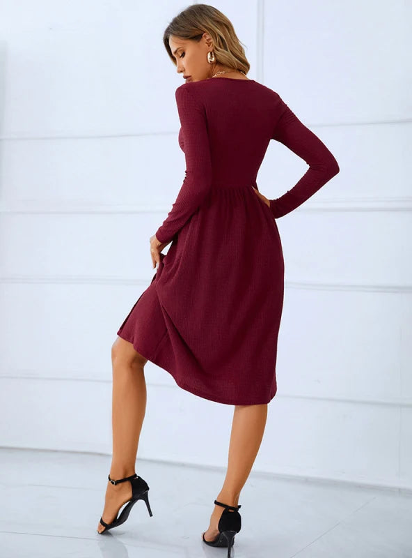 Red Long Sleeve Pleated Button Dress with Round Neck