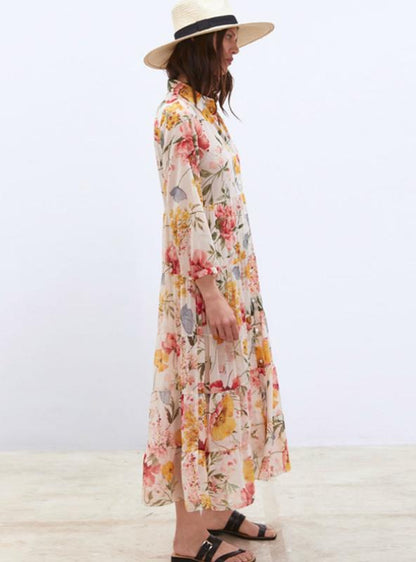 Vintage Floral Print Casual Loose Long Dress for Women