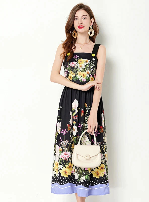 Sleeveless Dress with Printed Suspenders