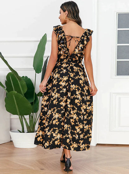 V-Neck Floral Pleated Dress