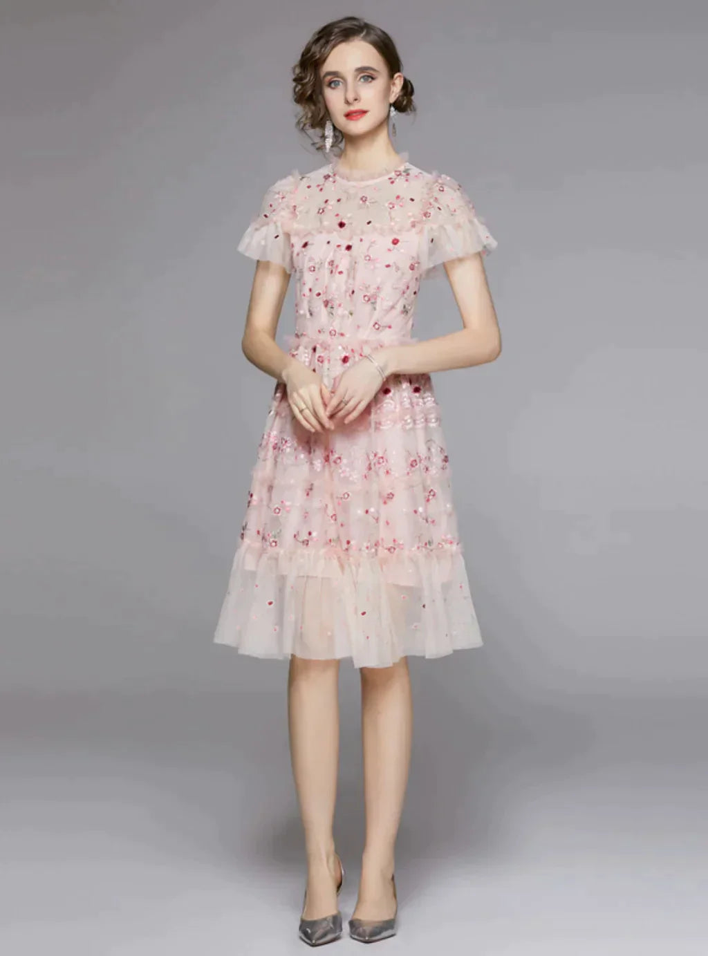 Sequined Gauze Embroidered Dress with Short Sleeves