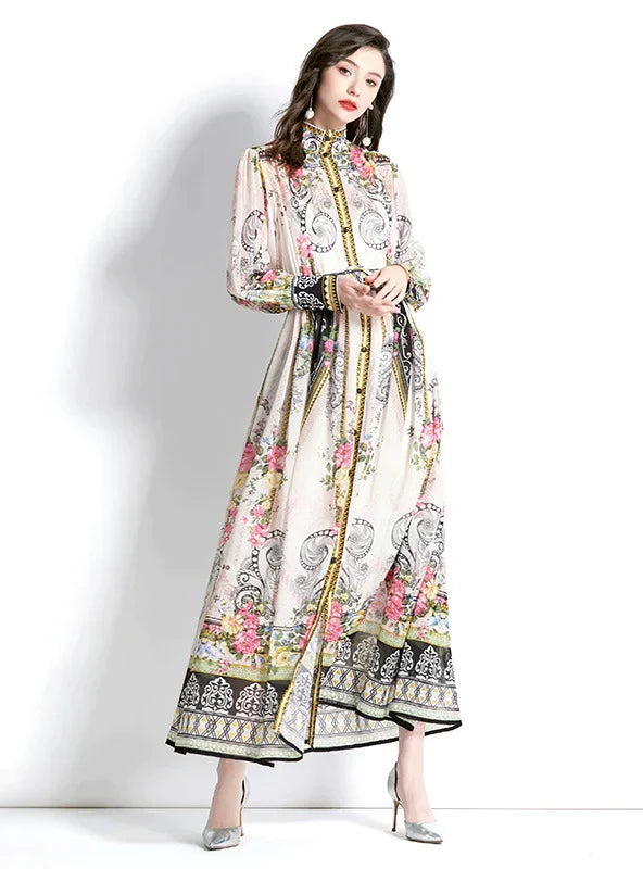 Retro Long Sleeve Printed Maxi Dress