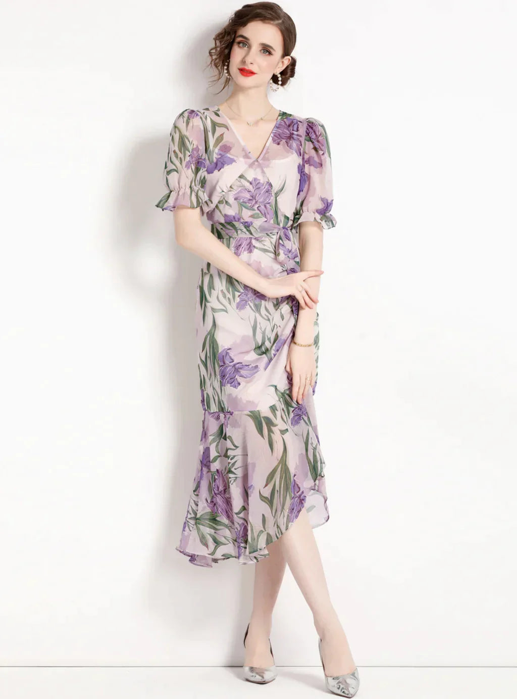 Purple Floral Dress with Square Collar