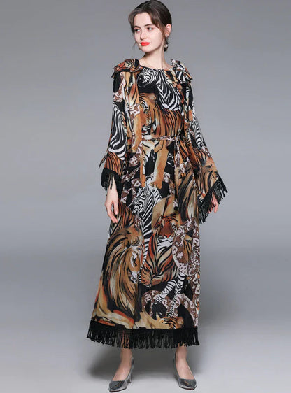 Tassel Wide Sleeves Casual Dress with Tiger Print