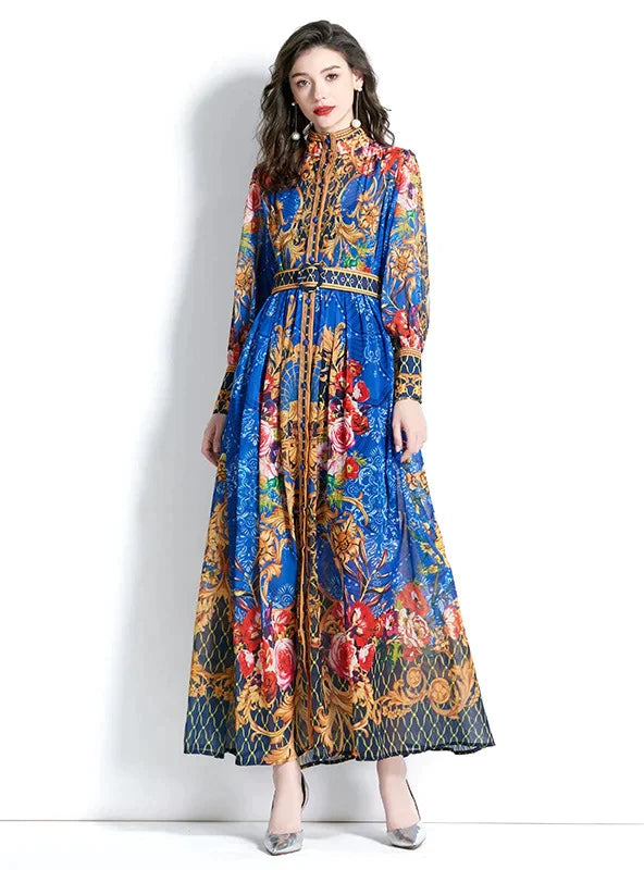 Vintage Print Dress with Long Sleeves