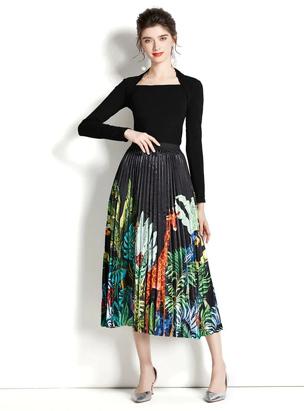 Retro Square Neck Long Sleeve Top with Printed Pleated Skirt Suit