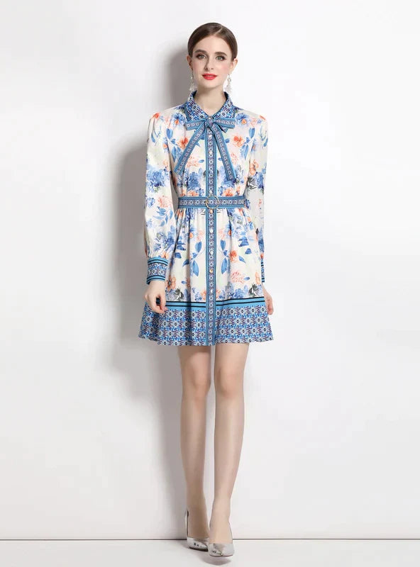 Retro Lapel Lantern Sleeve Dress with Print