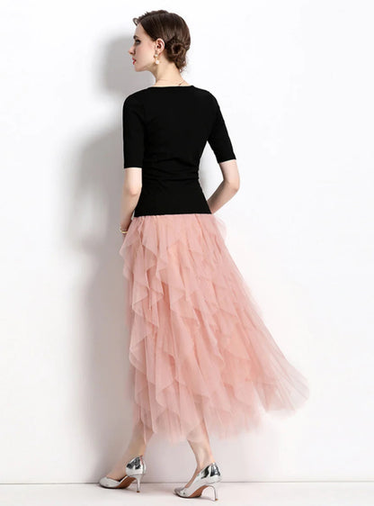 Black Top Cake Skirt T-Shirt Two-Piece Suit