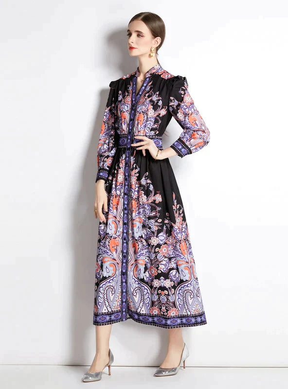 Retro Palace Long Sleeve Slim Dress with Print