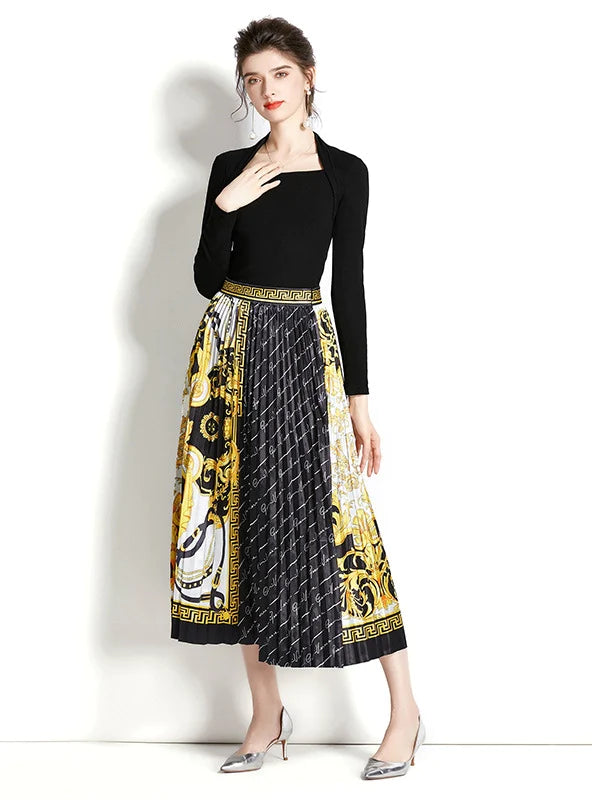 Retro Square Neck Long Sleeve Top with Printed Pleated Skirt Suit