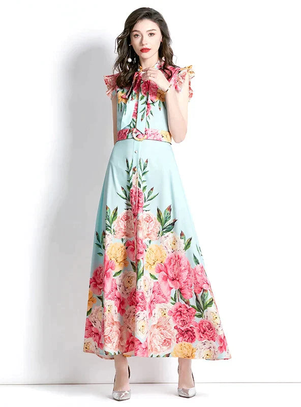 Retro Palace Long Printed Dress with Flying Sleeves