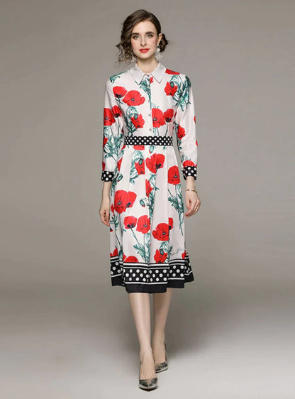 Retro Long Sleeve Lapel Slim Printed Dress