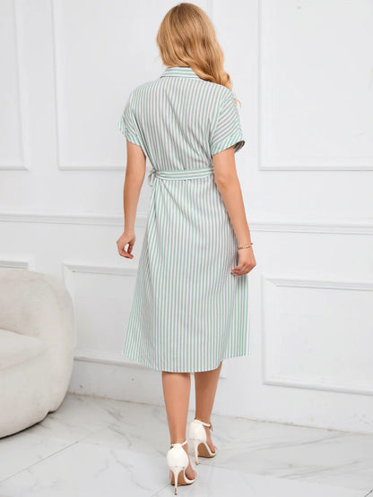 Striped Dress with Belt - Lapel V-Neck