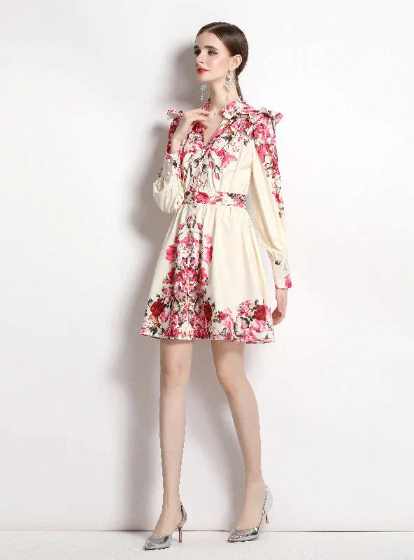 Vintage Printed V-Neck Dress with Long Sleeves