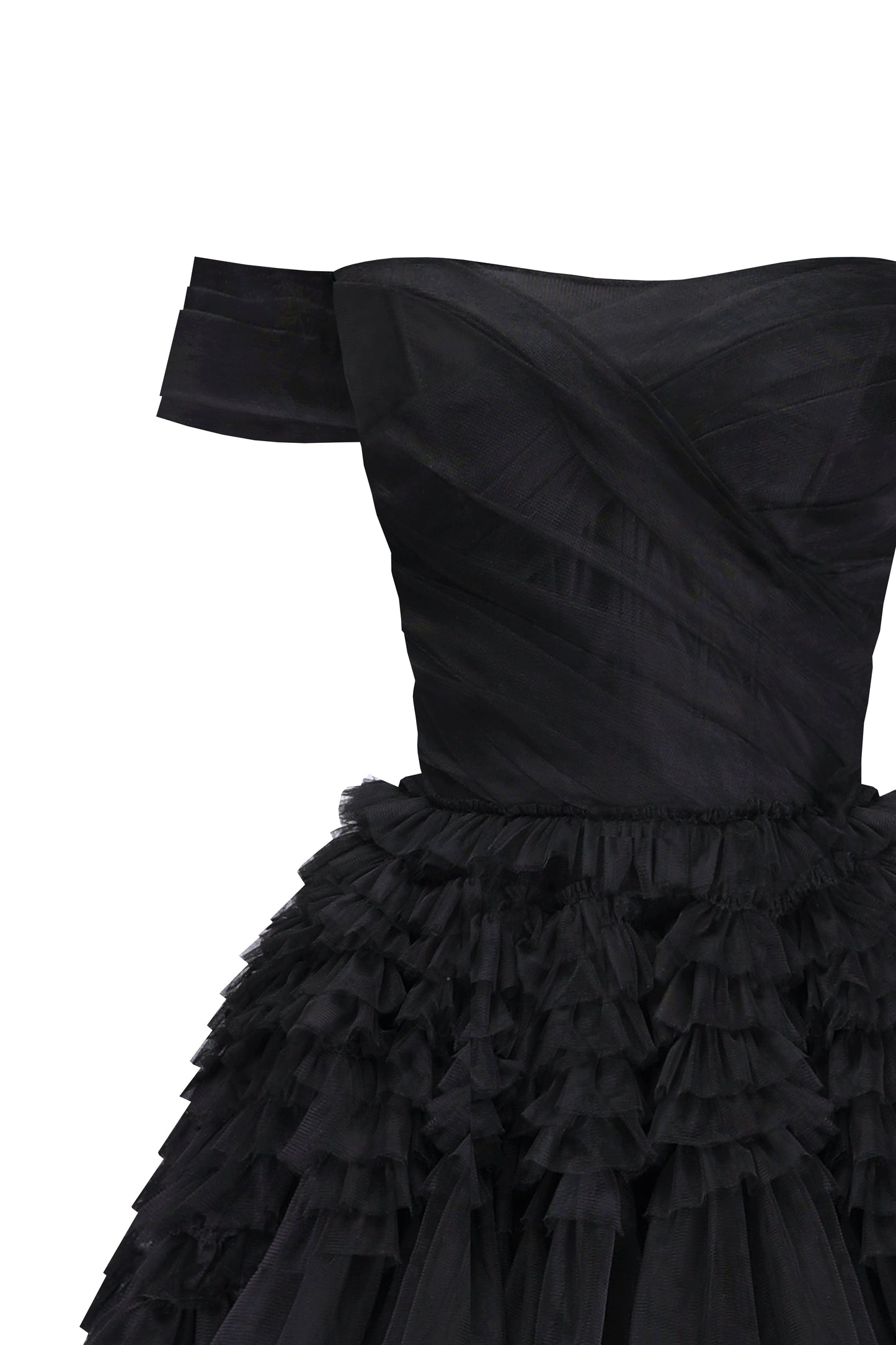 Black Off-The-Shoulder Stylish Frill-Layered Gown