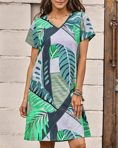 Short Sleeve Dress with Leaves Print