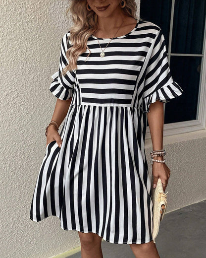 Striped Print A-Line Dress with Round Neck