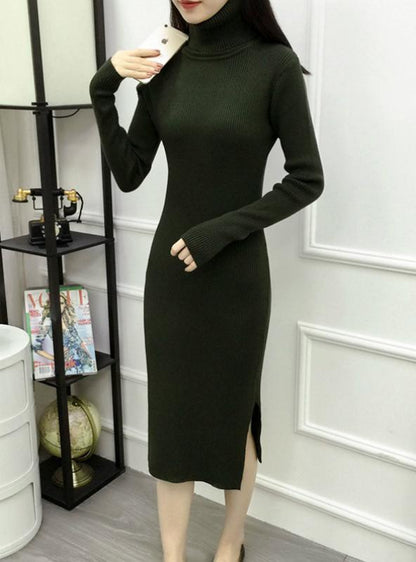 Ribbed Turtleneck Long Sleeve Knit Sweater Dress