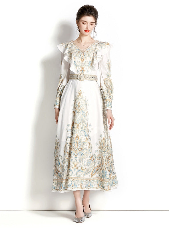 V-Neck Gown Patterned Ruffled Long with Sleeves