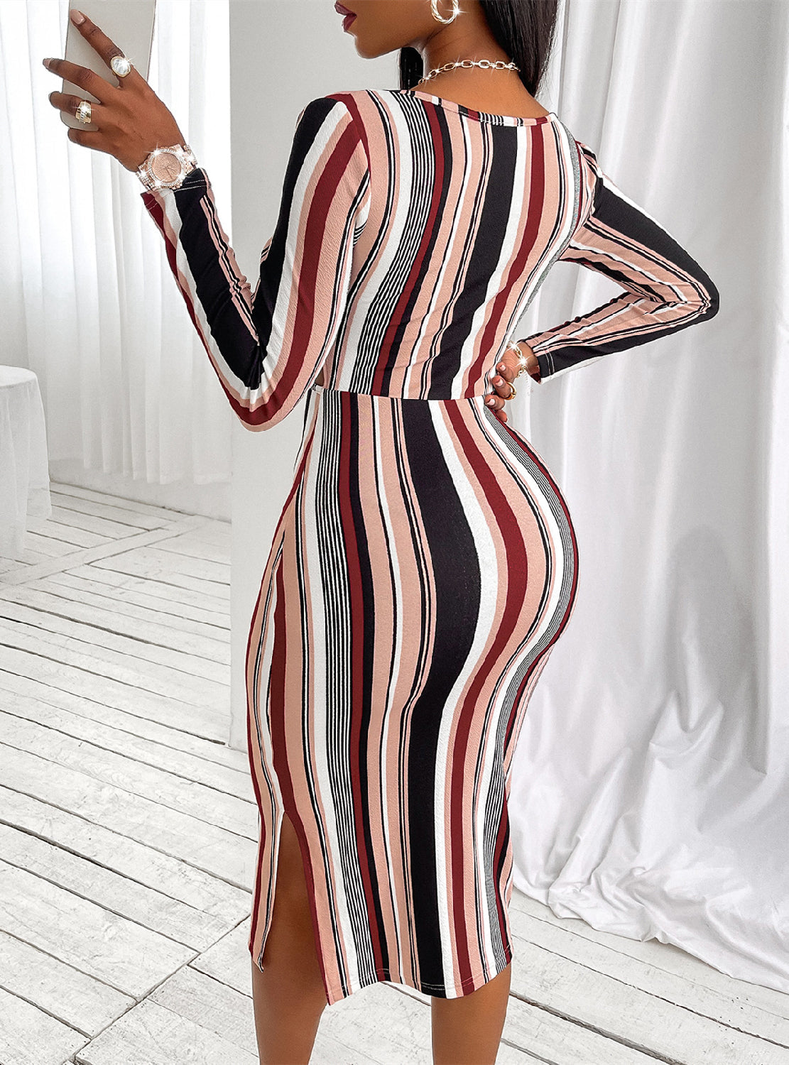 Striped Gown Long-Sleeved Chest with Wrap