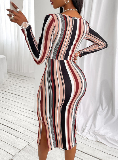 Striped Long-sleeved Dress with Chest Wrap