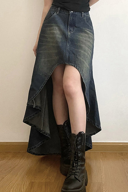 with Irregular Skirt Denim Distressed High Rise Wash