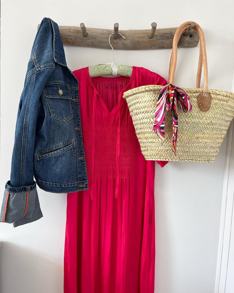 Red V-Neck Dress with Pleats