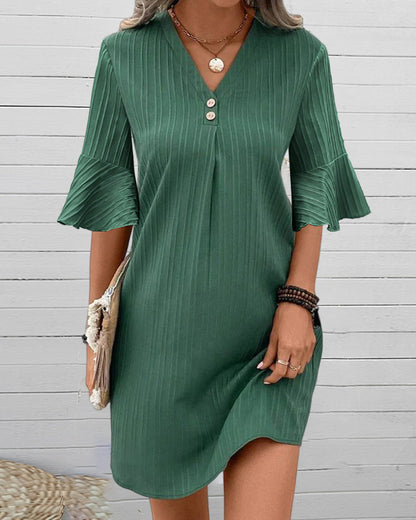 V-neck trumpet sleeve dress in solid color