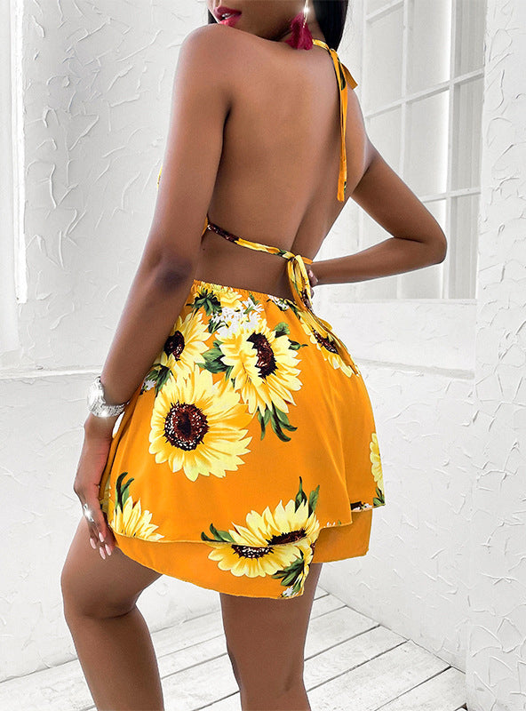 Sleeveless Sunflower Dress with Drawstring