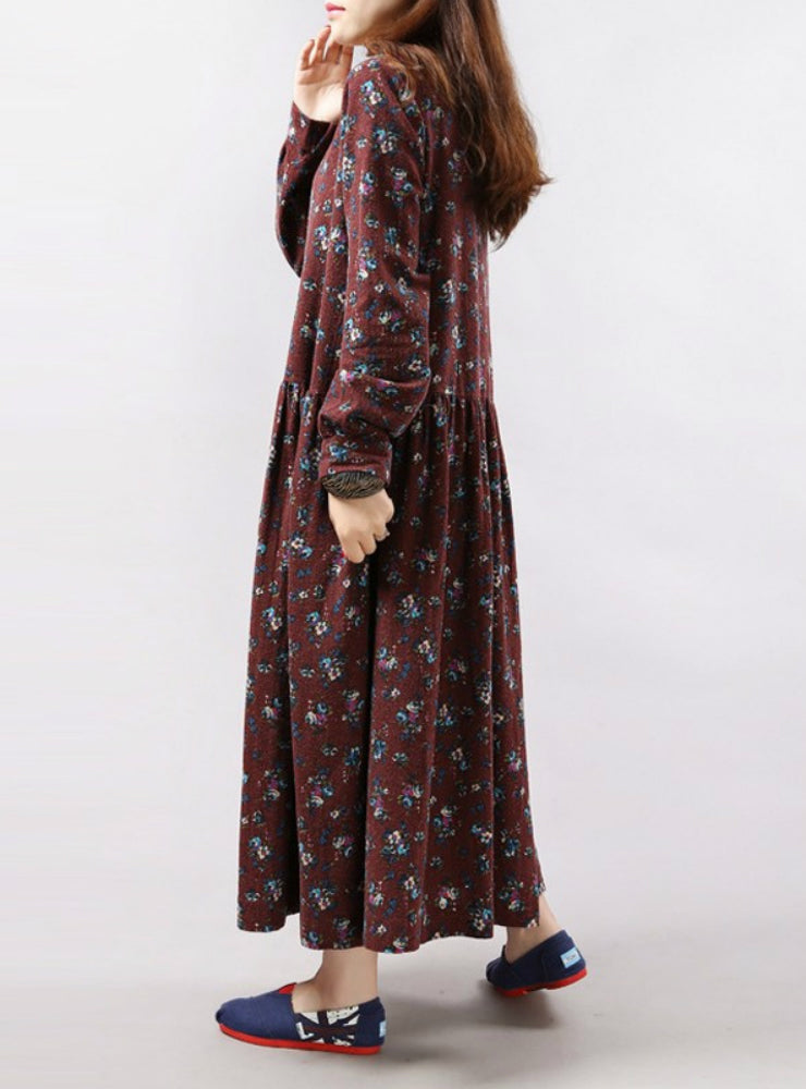 Vintage Floral Print Dress with Long Sleeves and O Neck for Women with Pockets