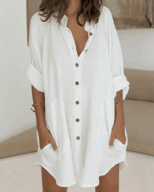 Solid Shirt Dress with Button Pocket