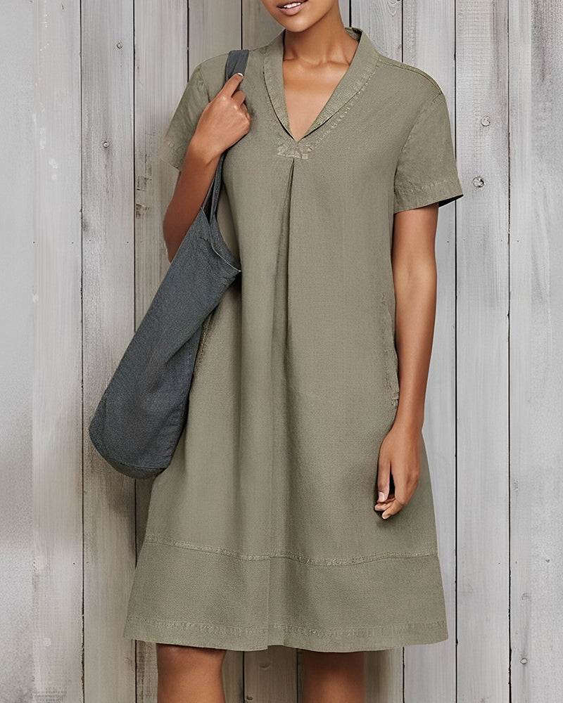 Solid color loose dress made of cotton and linen