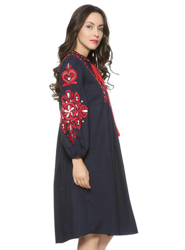 Vintage Floral Embroidery Dress with Drawstring Tie and Tassels, Long Sleeve for Women